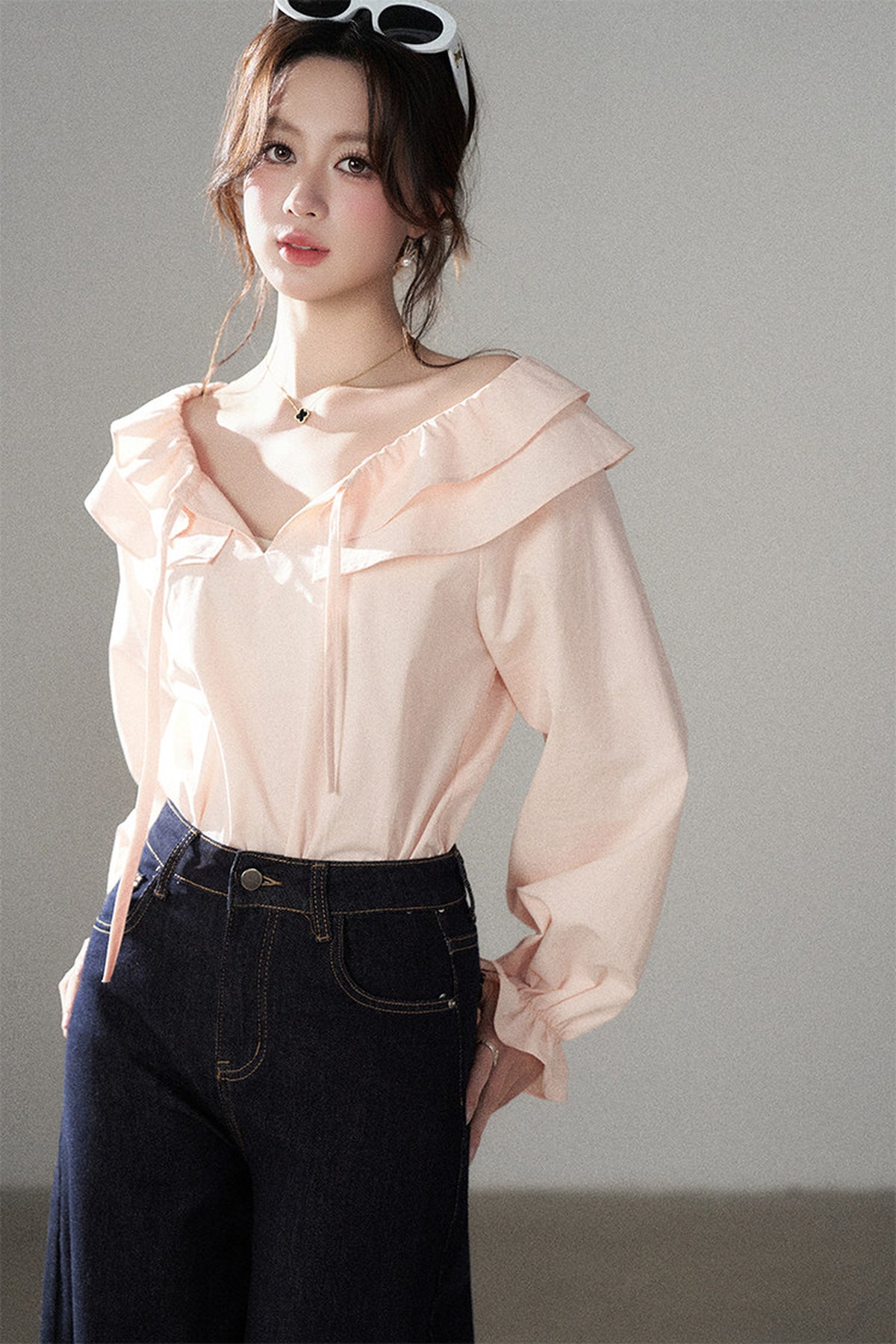 Pink Ruffle Collar Long-Sleeved Top and Skirt Set-Up