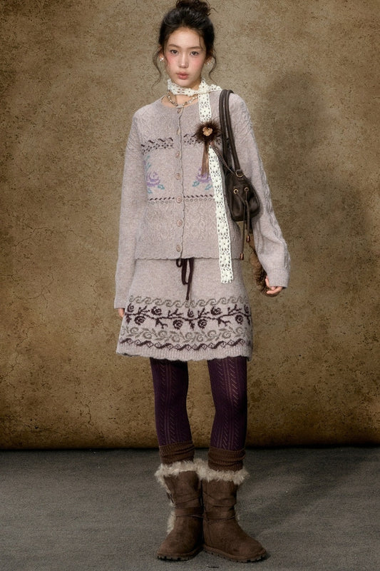 Ensemble cardigan et jupe en maille jacquard à fleurs