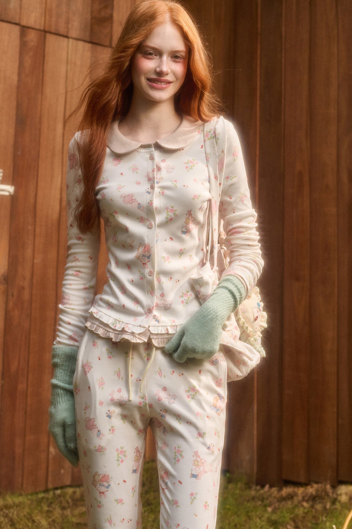 Layered-Look Floral Bunny Cardigan and Pants Set-Up
