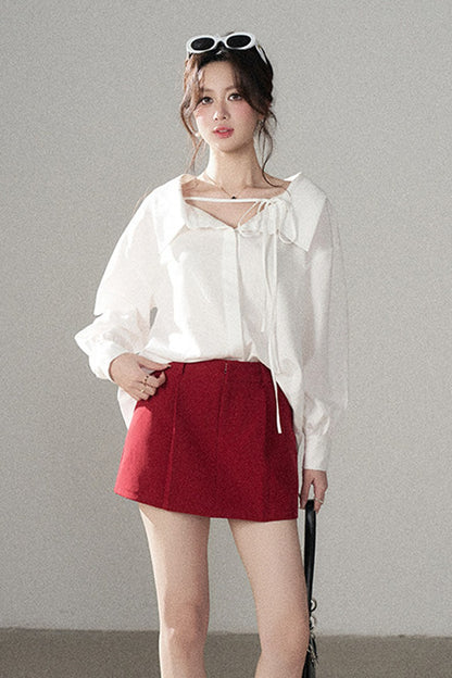 Long-Sleeve V-Neck Shirt and Skirt Set-Up
