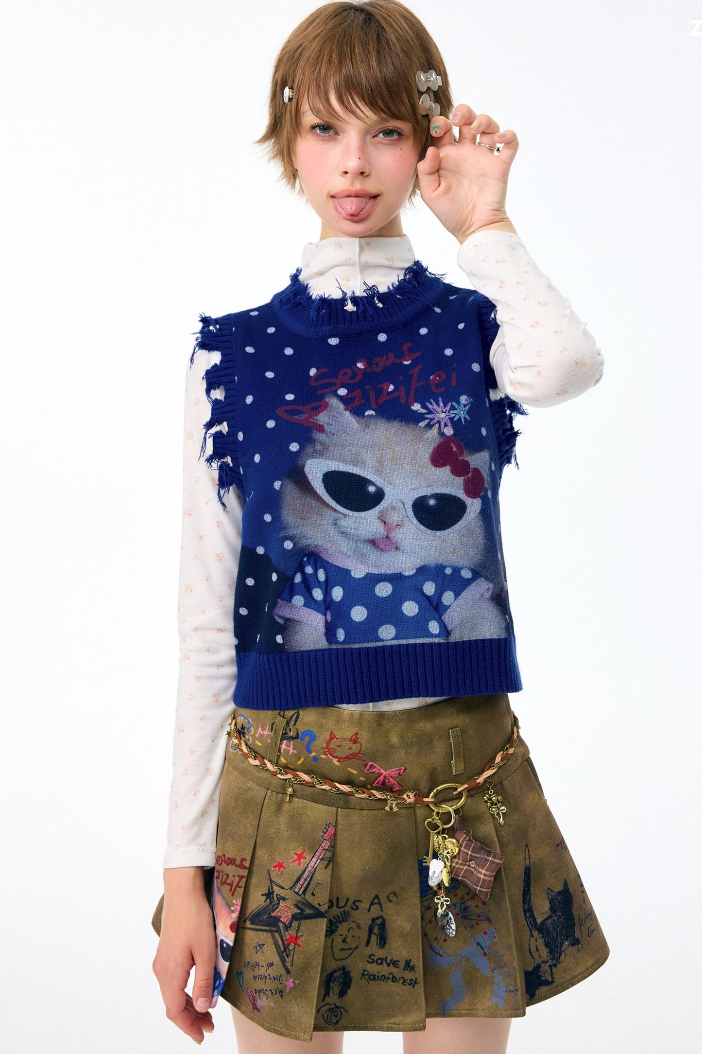 Navy Blue Cat Print Polka Dot Vest