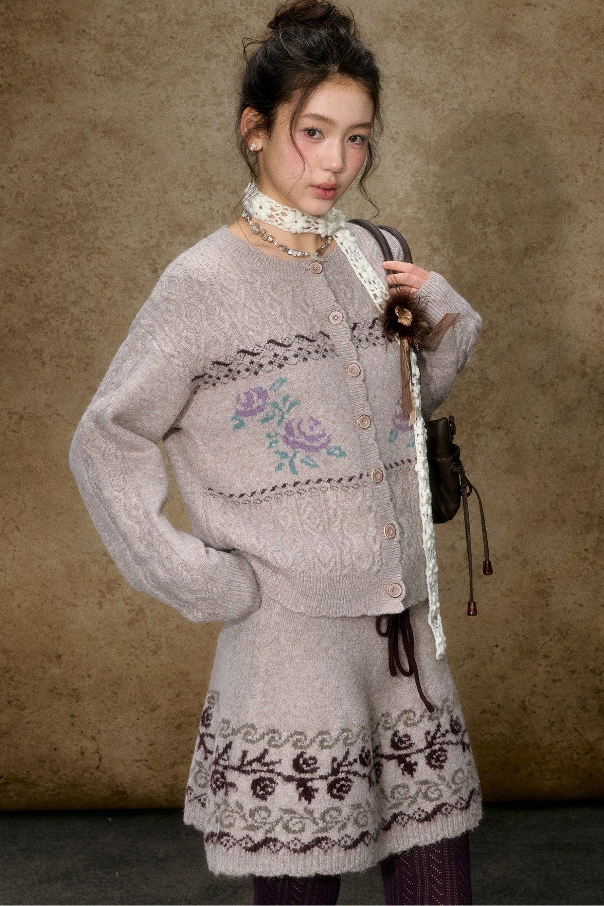 High-Waisted Floral Jacquard Knit A-Line Drawstring Skirt Set-Up