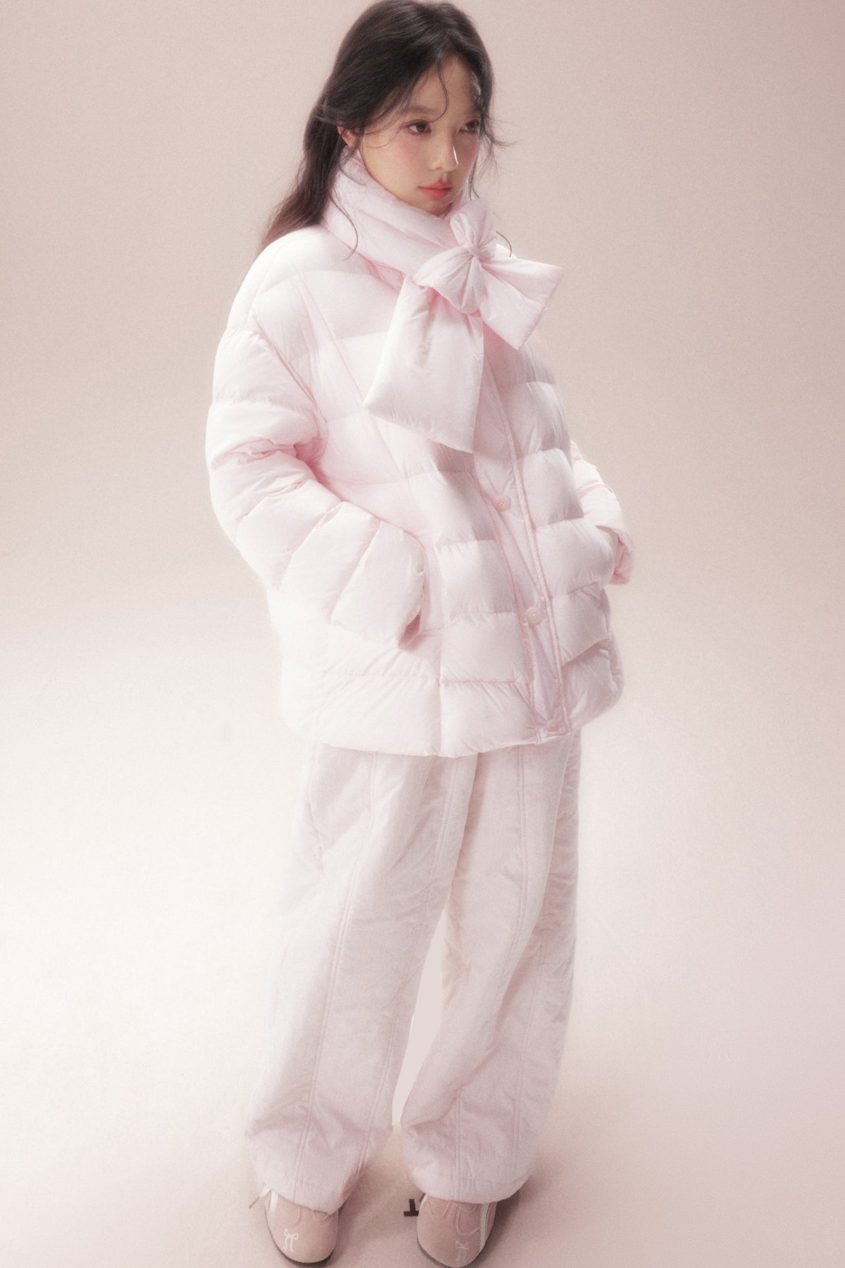 Bow-Knot Scarf Mid-Length Down Jacket