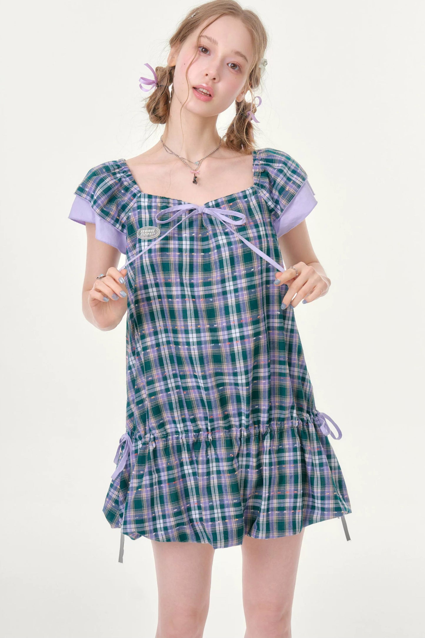 Purple Plaid Flutter Dress