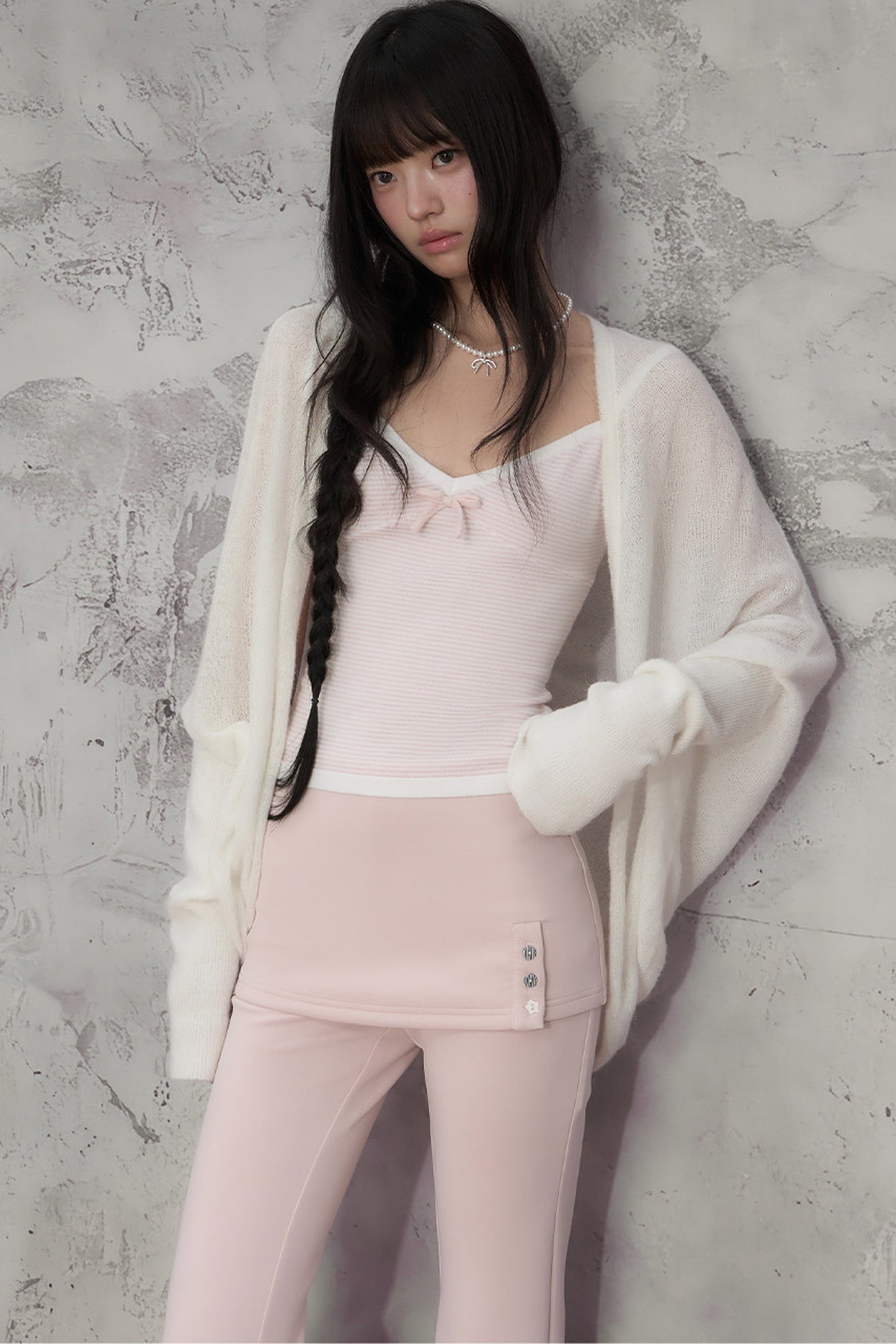 White Sheer Knit Batwing Cardigan set-Up