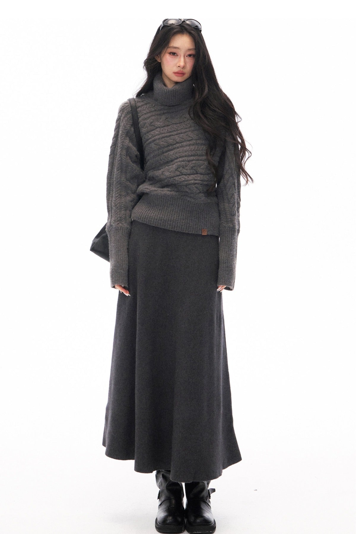 Turtleneck Knit Sweater and Long Skirt Set-Up