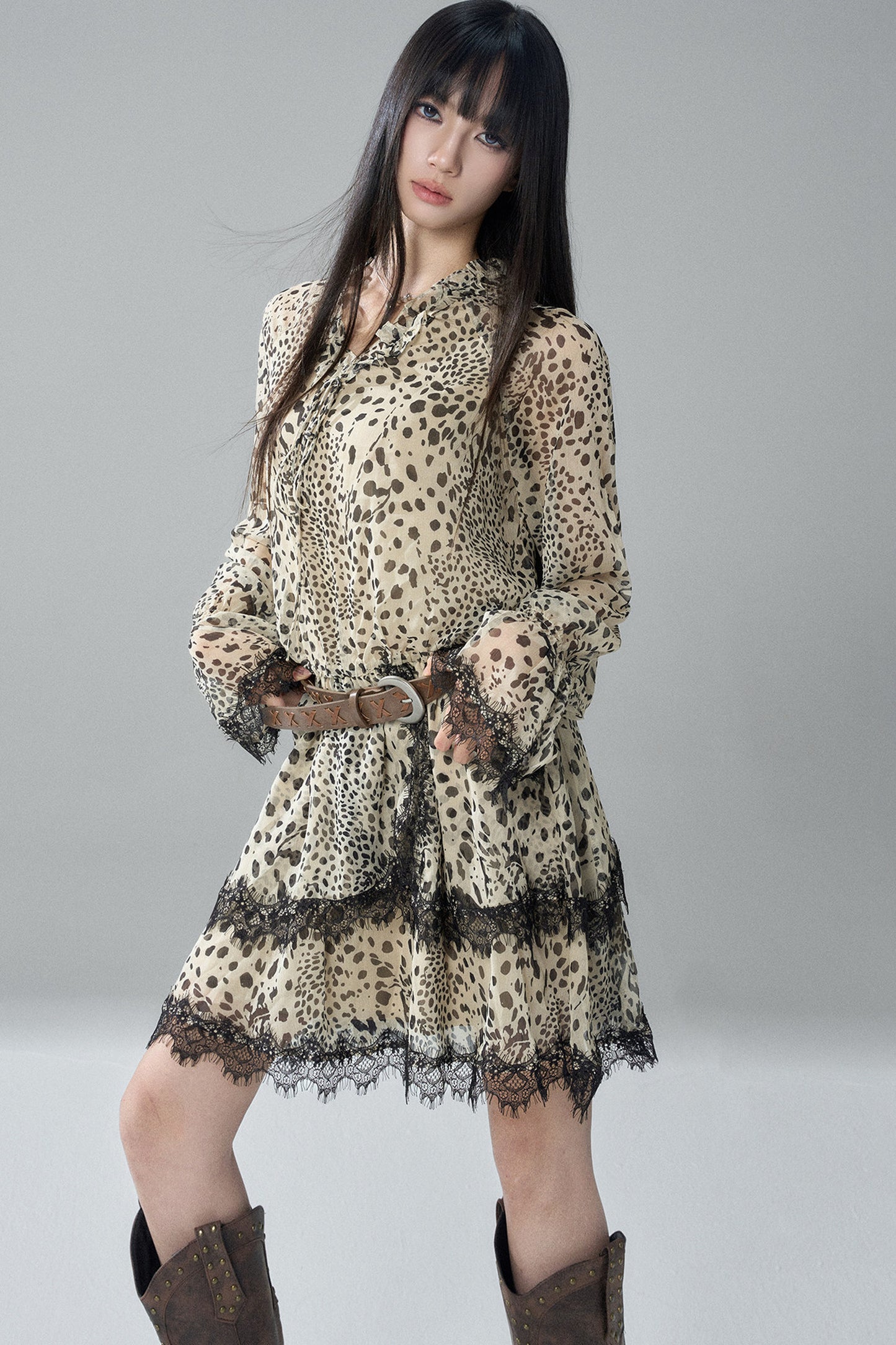 Long-Sleeve Chiffon Leopard Print Dress