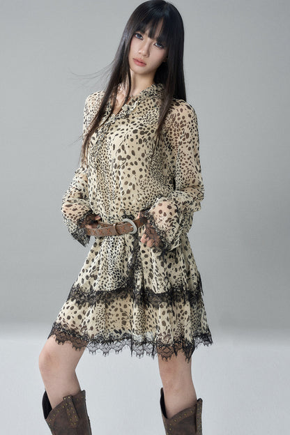 Long-Sleeve Chiffon Leopard Print Dress