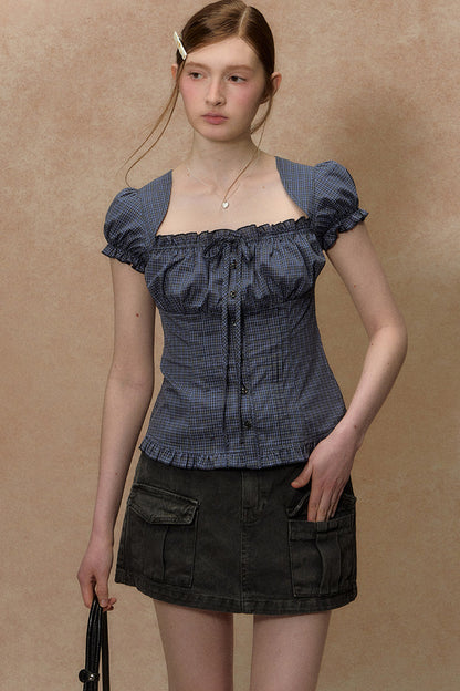 Plaid Puff Sleeve Ruched Top