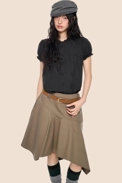Pleated Lace Collar Short Sleeve Shirt