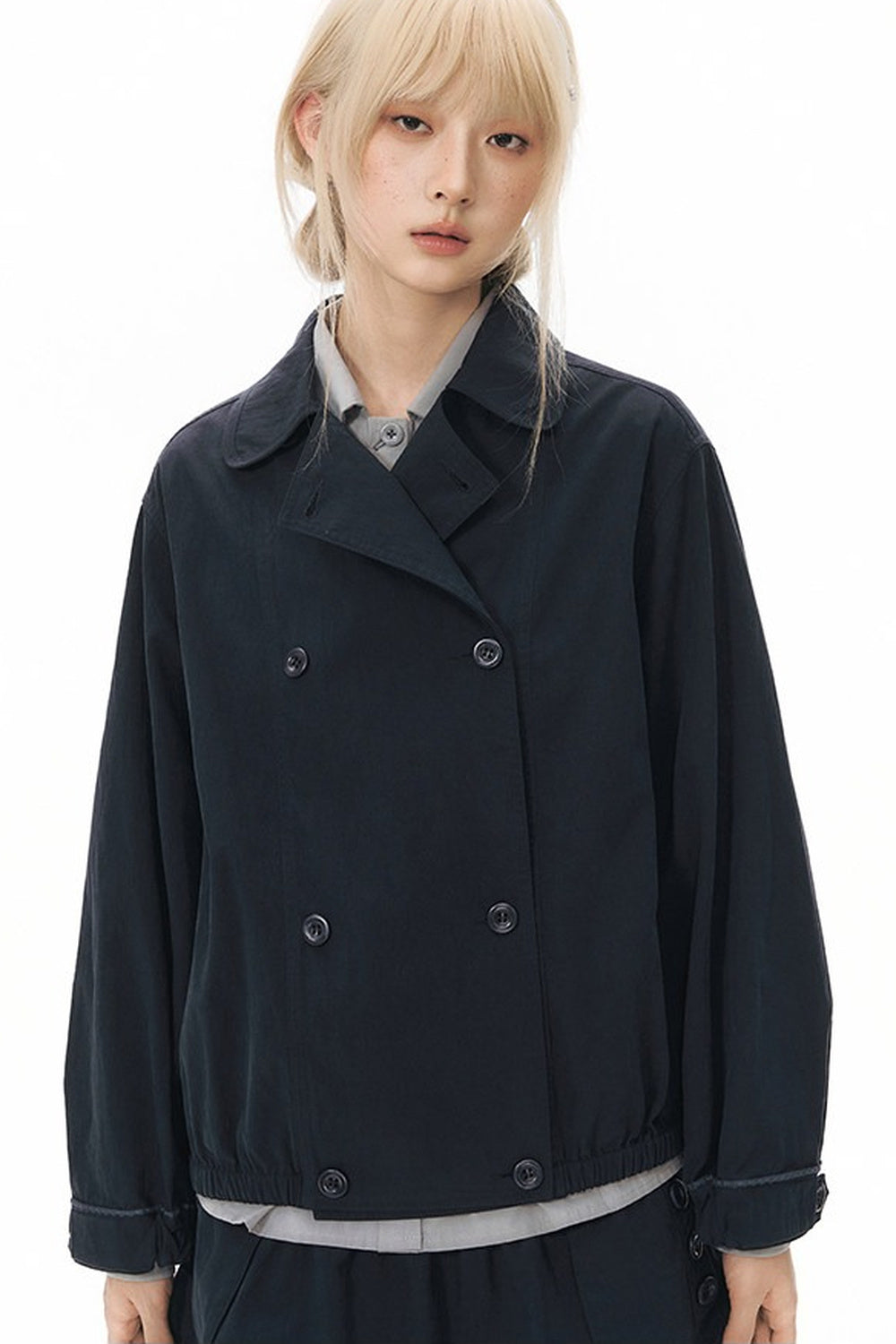 Retro Double-Breasted Workwear Jacket and Skirt Set-Up