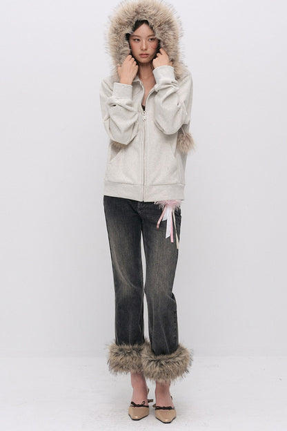 Fur Trim Hooded Sweatshirt and Sweatpants Set-Up