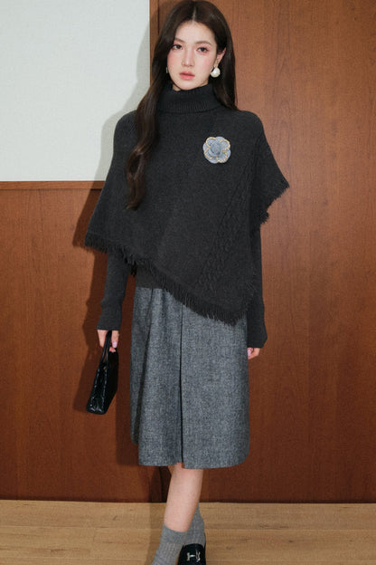 Tassel Cape Shawl Sweater and Skirt Set