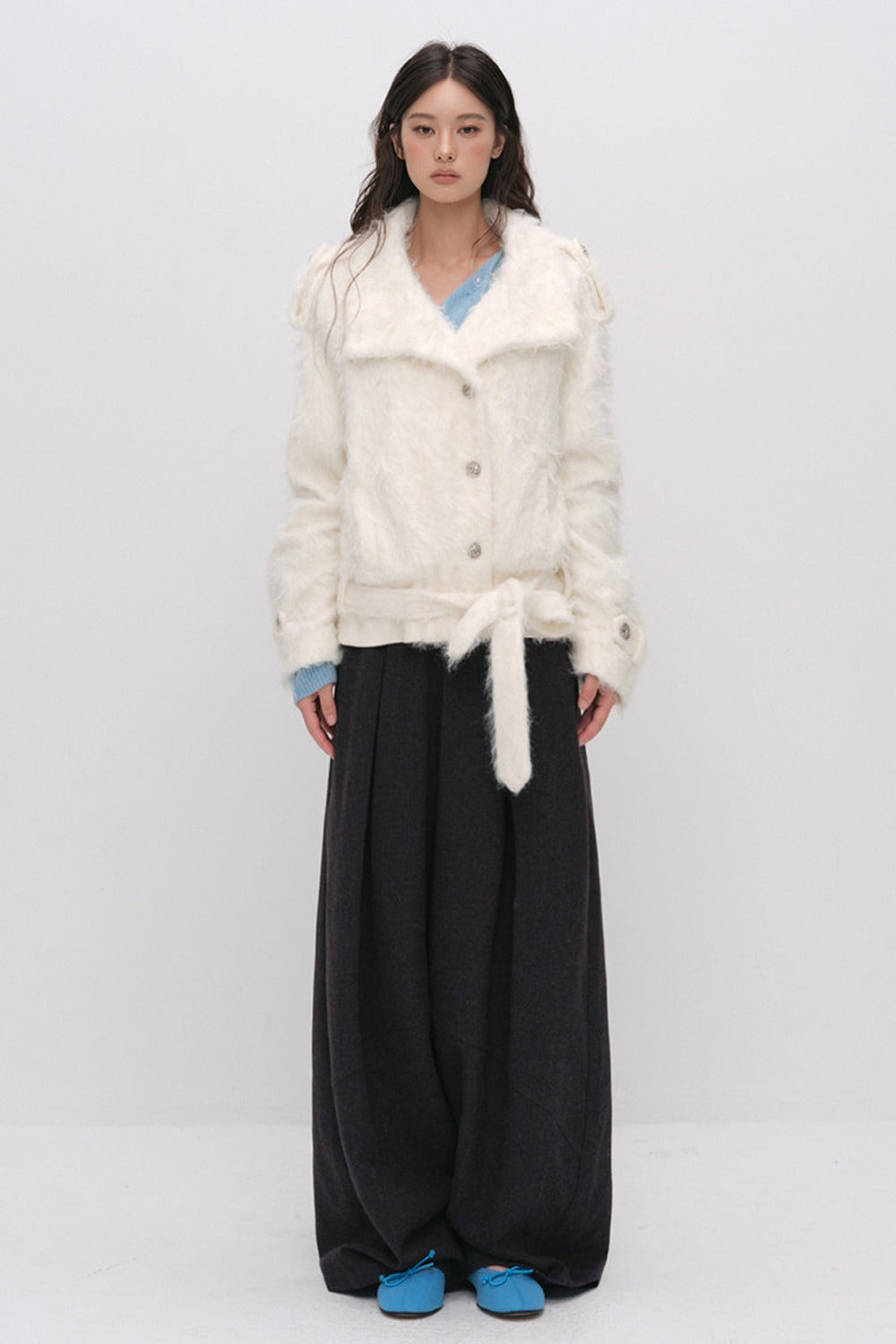 Faux Fur Diagonal Placket Tie Waist Jacket