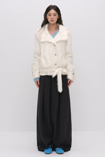 Faux Fur Diagonal Placket Tie Waist Jacket