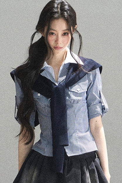 Lost in the Blue Sky Plaid Blouse Set-Up