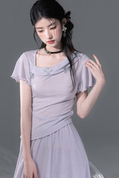 Dreamy Purple 3D Floral Knit Top and Skirt Set