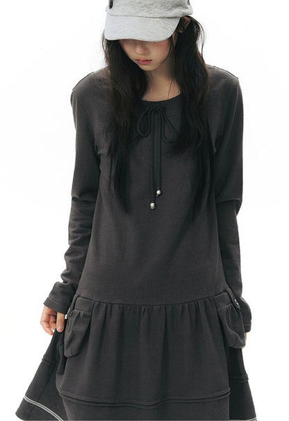 Long-Sleeved Knit Round Neck Tie Dress