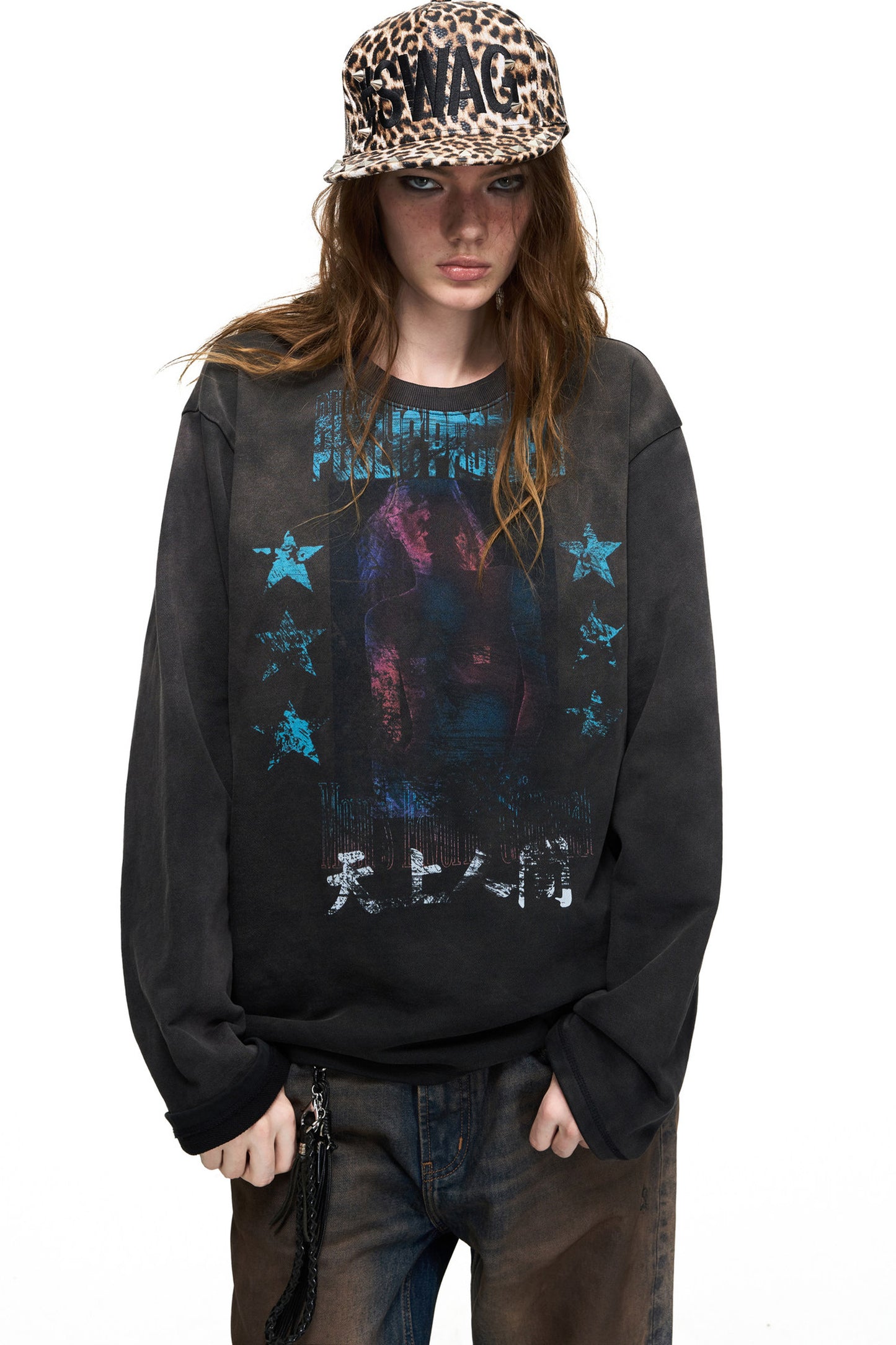Vintage Long-Sleeve Portrait Print T-Shirt
