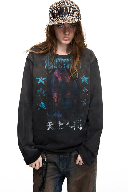 Vintage Long-Sleeve Portrait Print T-Shirt