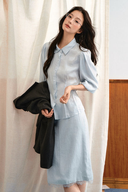 Lace Trim Puff Sleeve Top and Skirt Set-Up