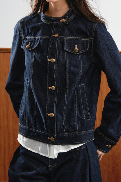 Round-Neck Gold Button Denim Jacket and Pants Set-Up