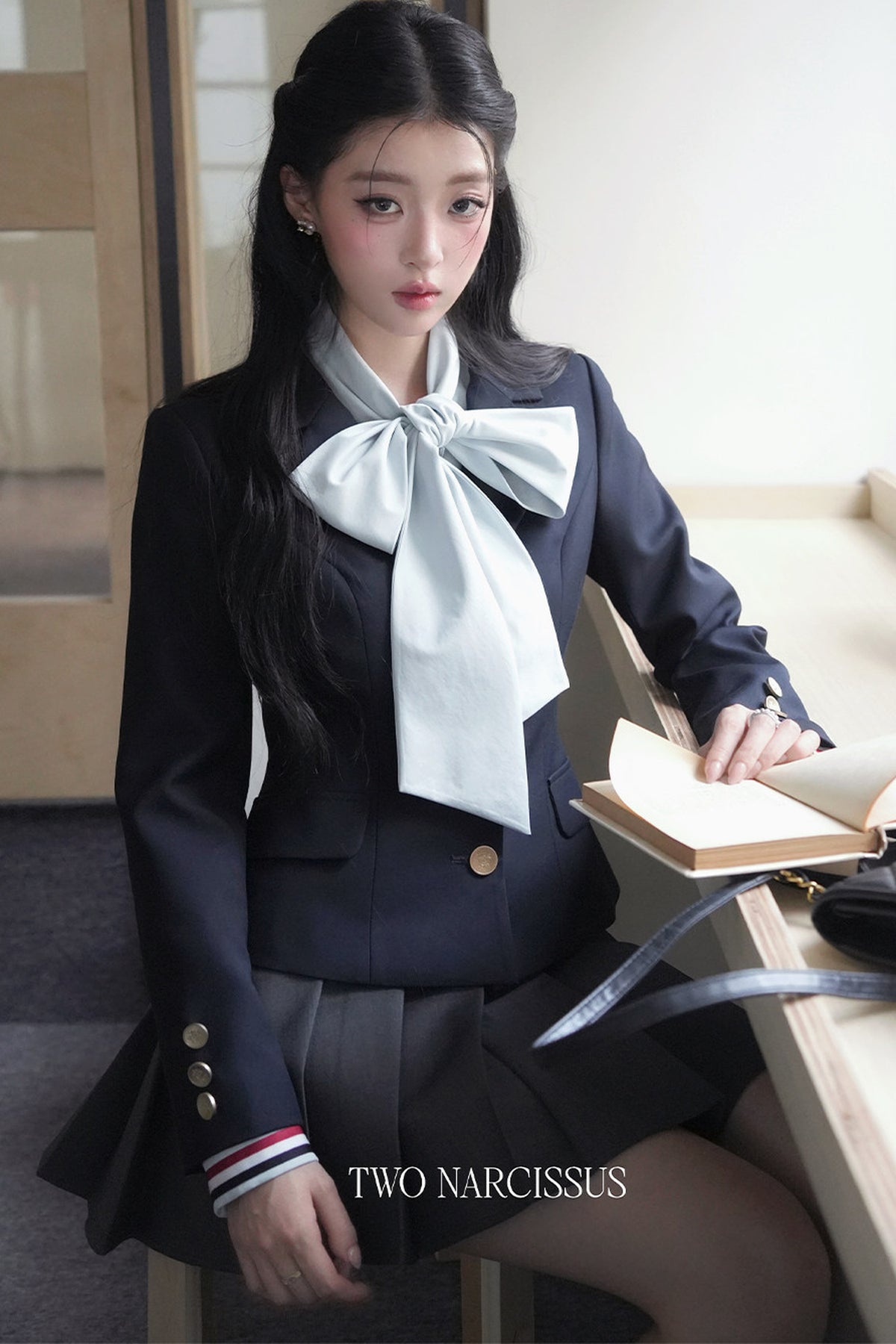 Metal Button Short Blazer Pleated Skirt and Shirt Set-Up