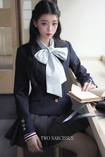 Metal Button Short Blazer Pleated Skirt and Shirt Set-Up