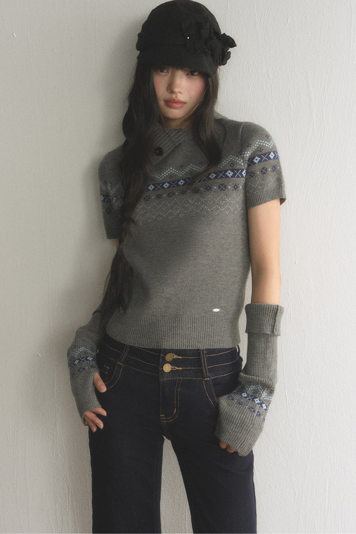 Top a maglia jacquard Fair Isle con revers