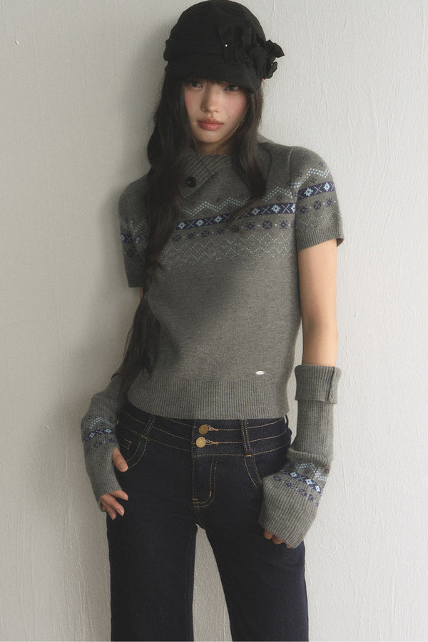 Fair Isle Jacquard Lapel Knit Top
