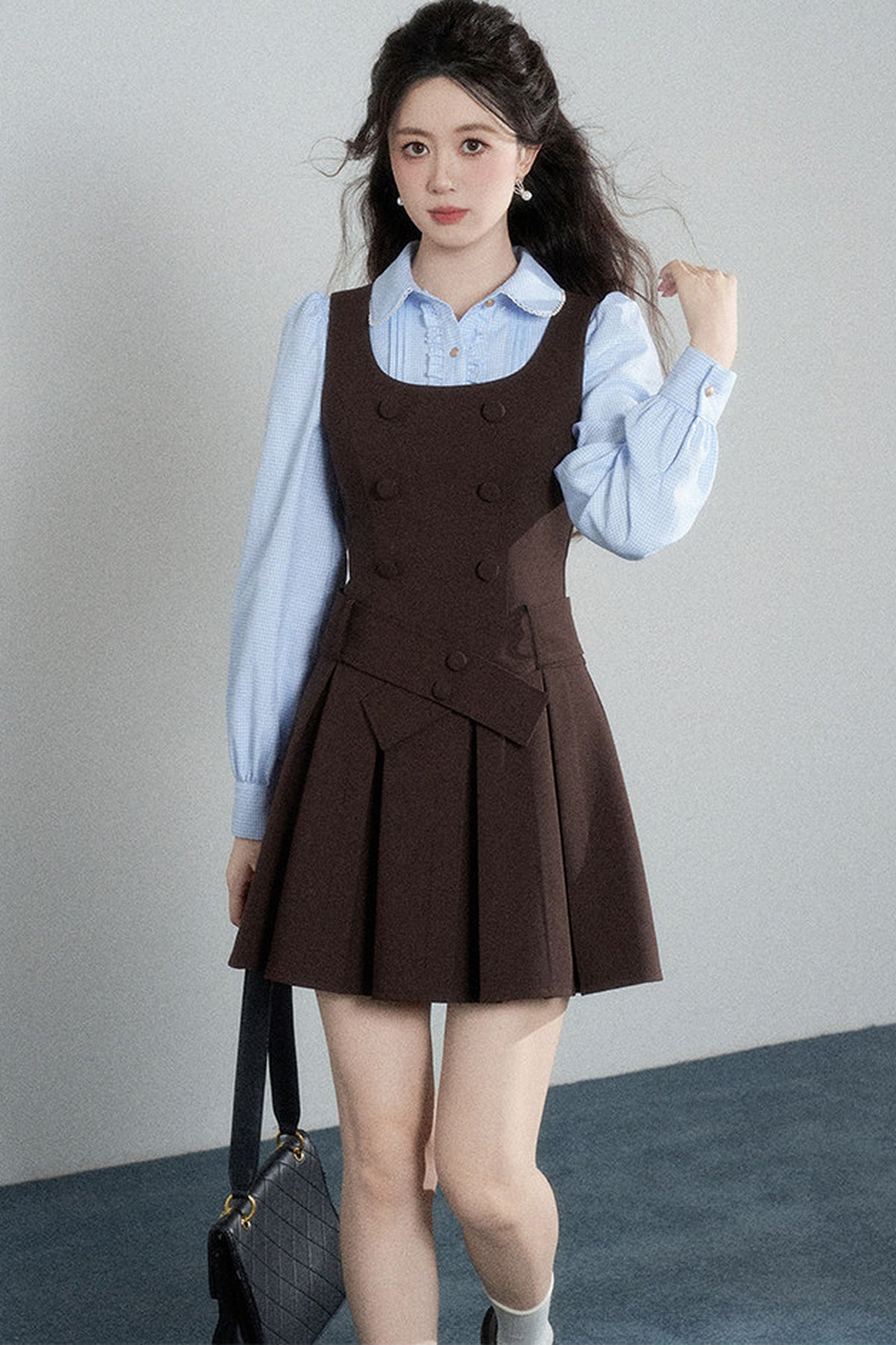 Brown Pleated Dress and Blue Shirt Set-Up
