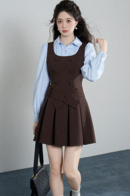 Brown Pleated Dress and Blue Shirt Set-Up