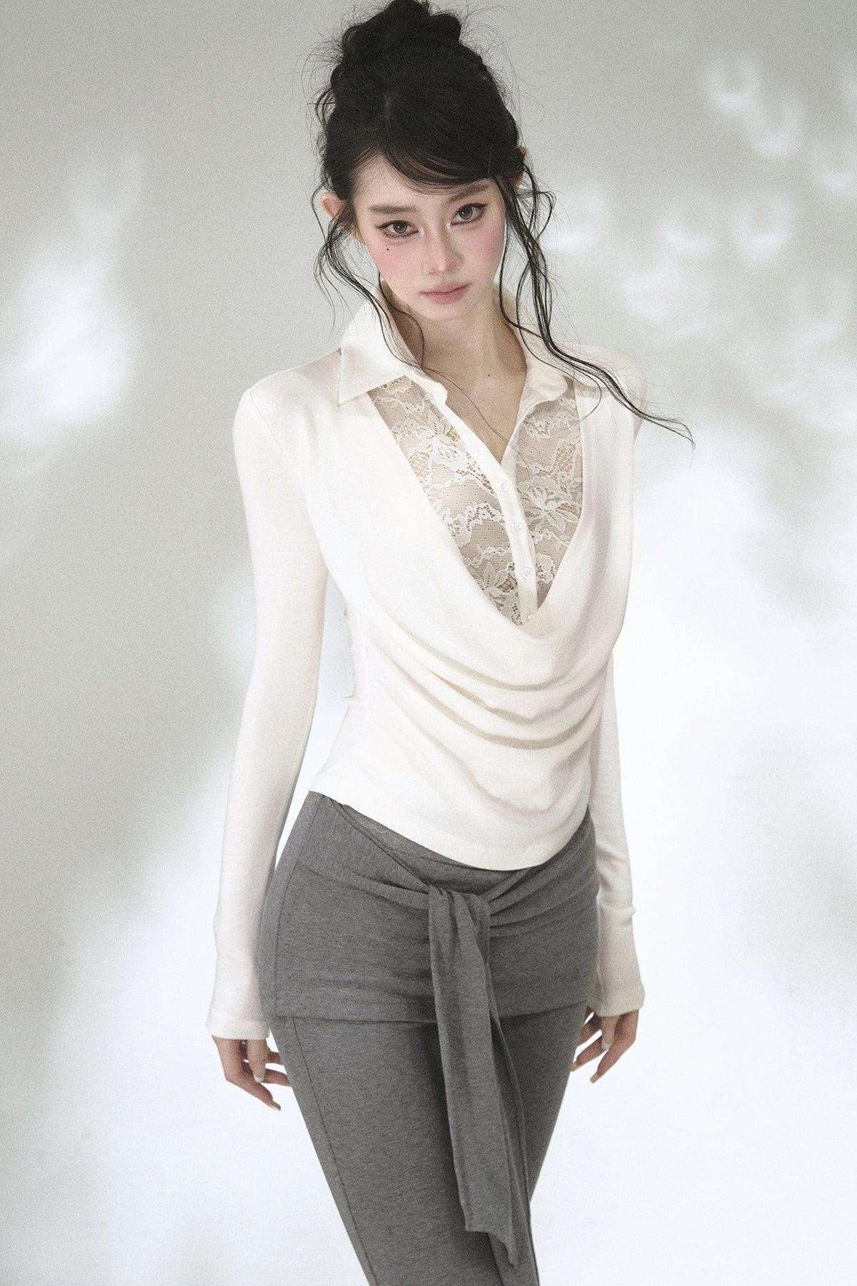 Lace Drape Collar Long-Sleeve Knit Top