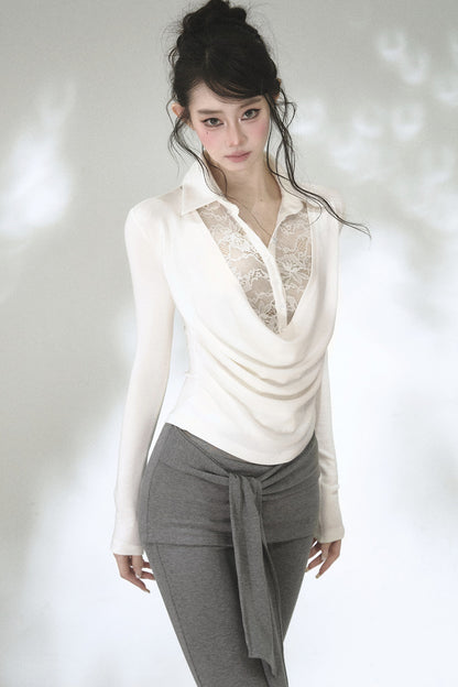 Lace Drape Collar Long-Sleeve Knit Top