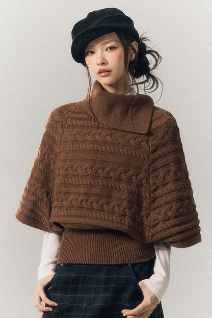 Cable Knit Lapel Cape Sweater