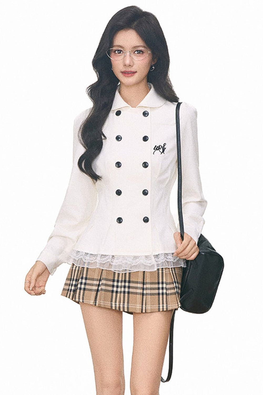 Double-Breasted Faux Denim Pleated Top and Skirt Set-Up