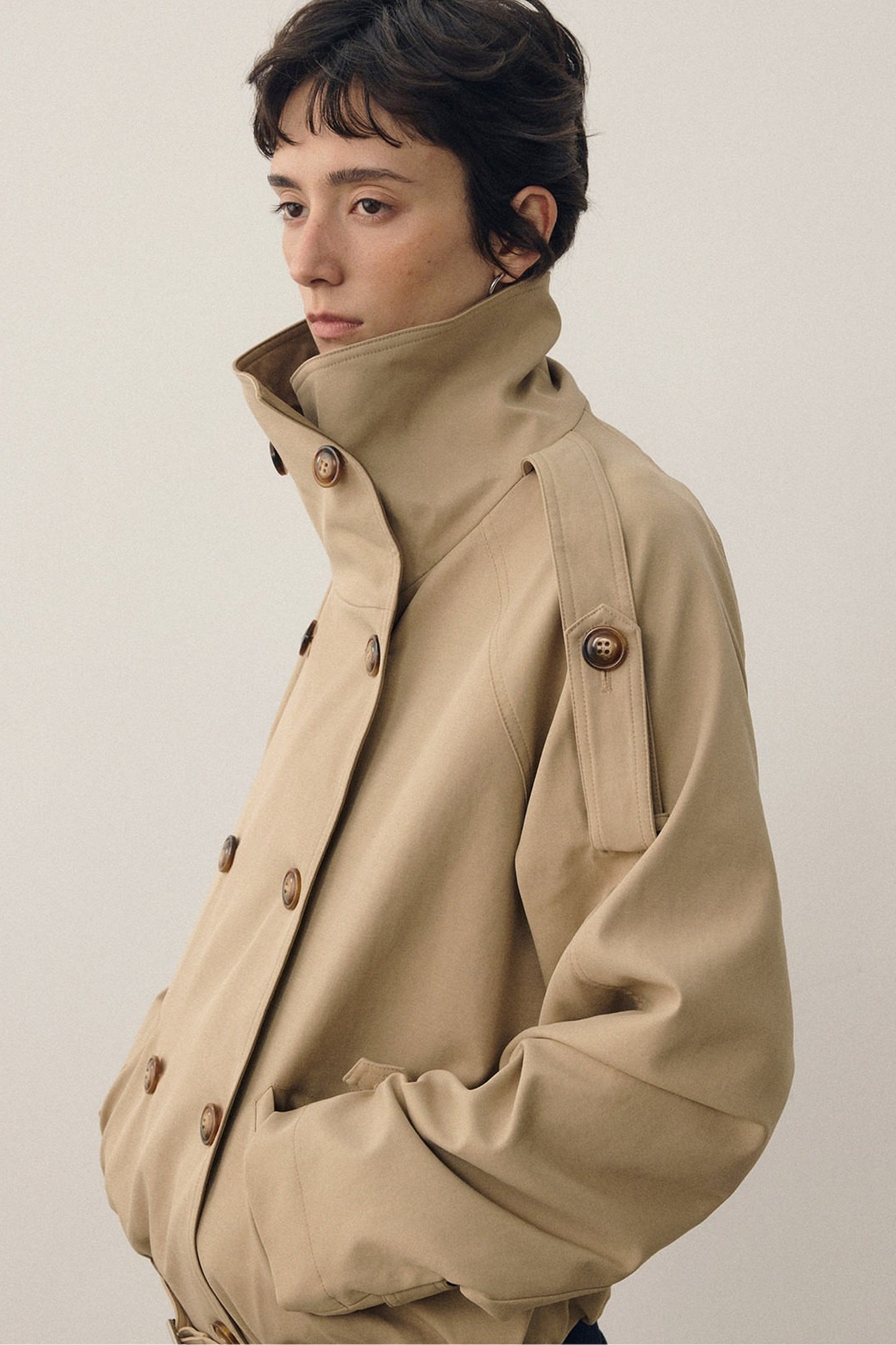 Color-Blocked Double-Breasted High-Collar Trench Coat