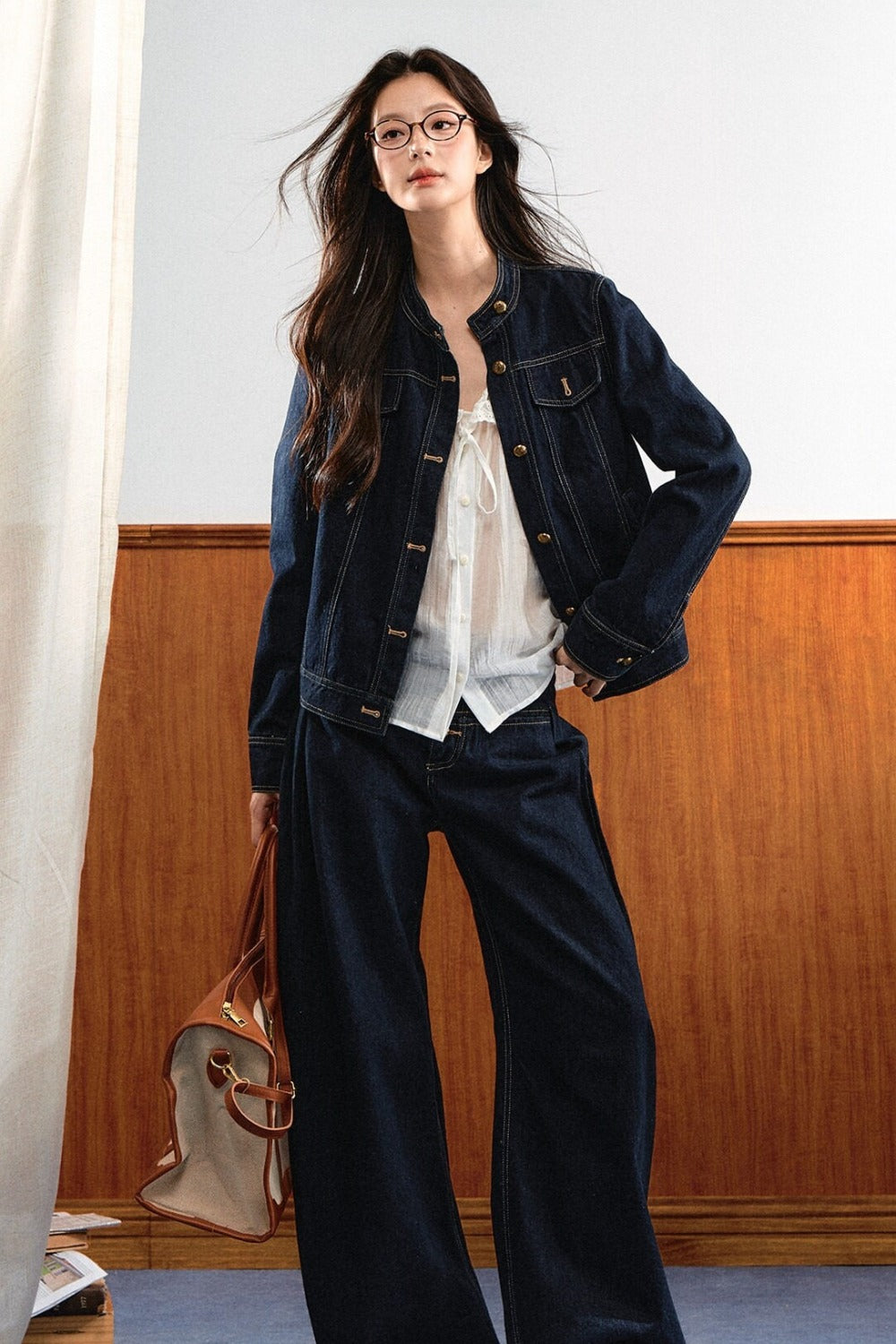 Round-Neck Gold Button Denim Jacket and Pants Set-Up