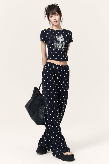 Polka Dot Cat Print Top Bodycon Skirt Pants Set-Up