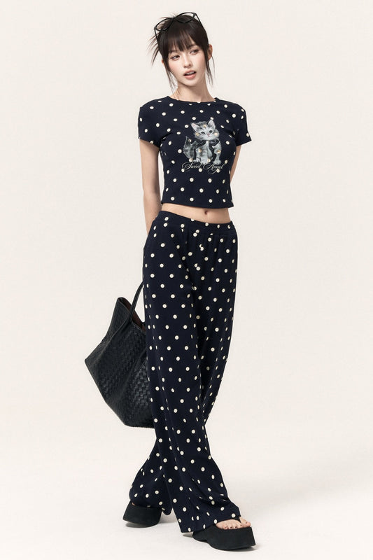 Polka Dot Cat Print Top Bodycon Skirt Pants Set-Up