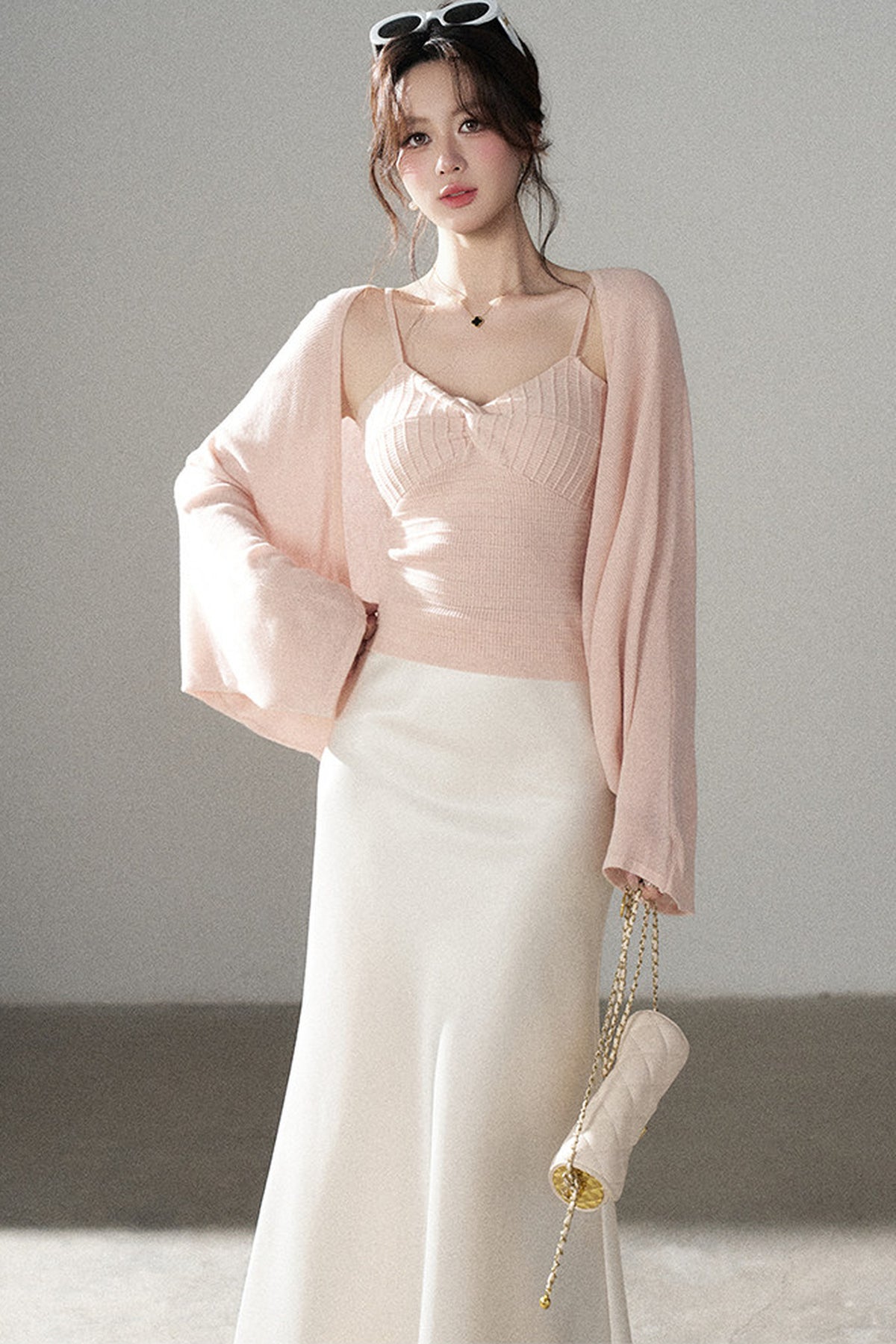 V-Neck Knitted Cardigan and Camisole Set-Up