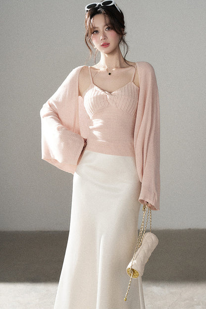 V-Neck Knitted Cardigan and Camisole Set-Up