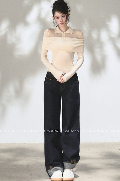 Embroidered Cat Raw Denim Jeans