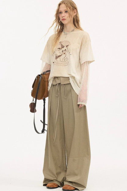 T-shirt vintage effetto consumato con stampa gattino