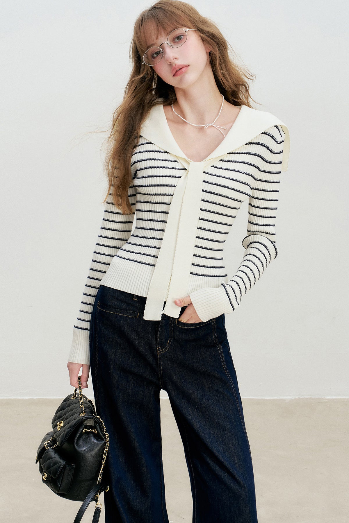 Navy Striped Sailor Collar Knit Top