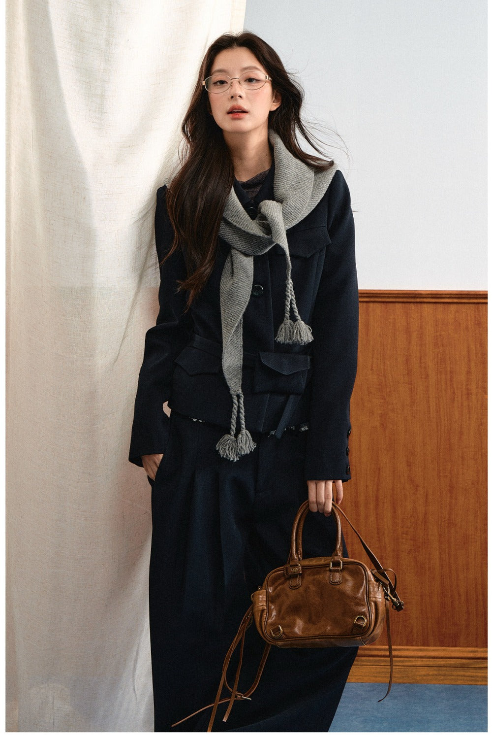 American Retro Lapel Top and Wide-Leg Pants Set-Up