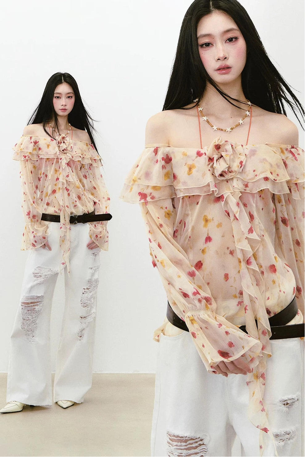 Elegant Floral Off-Shoulder Chiffon Top Set-Up