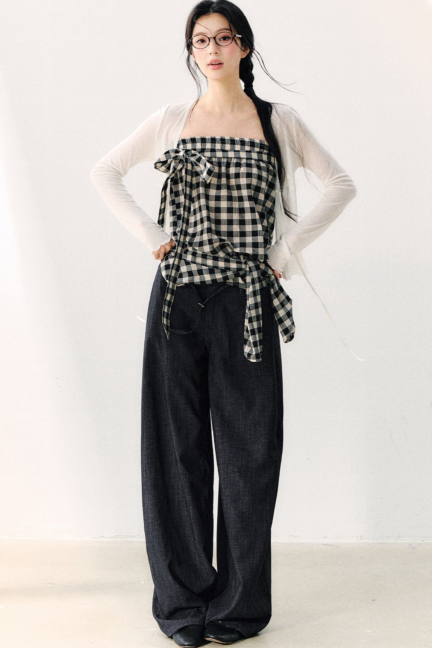 Washed Plaid Tube Top With Bow