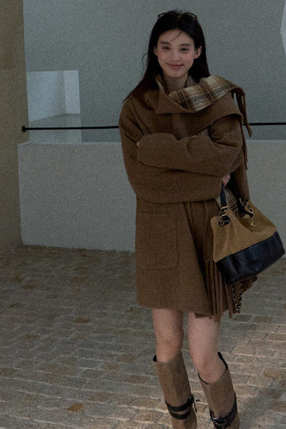 Drop-Shoulder Tassel Scarf Collar Jacket