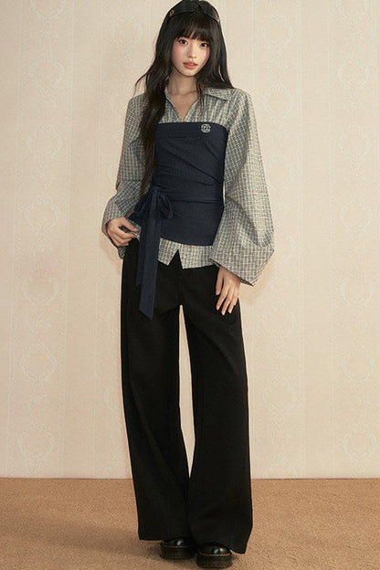 Color-Block Patchwork Blouse and Pants Set-Up